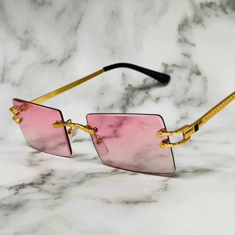 Hip Hop Women Men Sunglasses Pink Rimless Luxury Retro Shades Gold Metal‎ Lentes